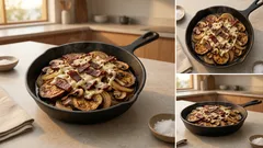 スキレットで焼くだけ：なすと玉ねぎが甘くなるビーガン焼き（豆乳チーズのせ）