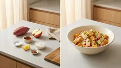 さつまいもとりんごのコロコロサラダ：豆乳ヨーグルトでさっぱり、冷やすともっとおいしい