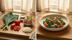 ケールとトマトをさっと炒めるだけ—とろっと果汁でまとまる、ミックスビーンズ入り簡単おかず